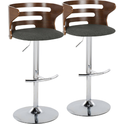 Cosi Adjustable Swivel Bar Stool in Chrome, Walnut Wood & Charcoal Fabric (Set of 2)